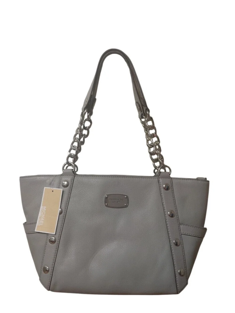 NEW Michael Kors Gray Leather Chain-Link Tote Shoulder Bag